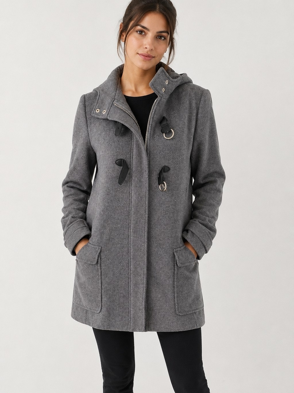 Massimo Dutti Gray Hooded Wool-Blend Peacoat